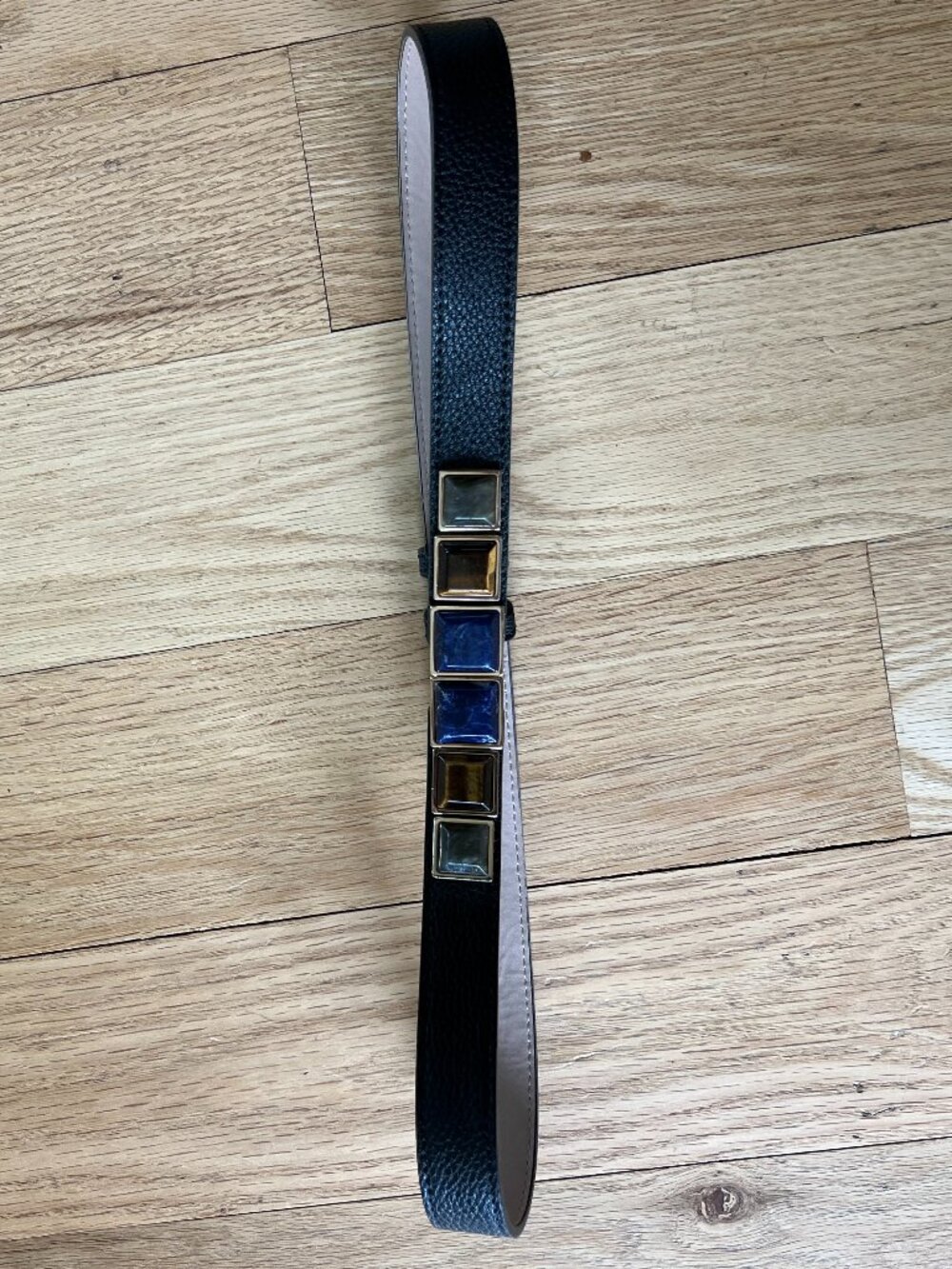 BCBGMAXAZRIA Skinny Leather Belt with Gemstone Cabochons — Size XS/S